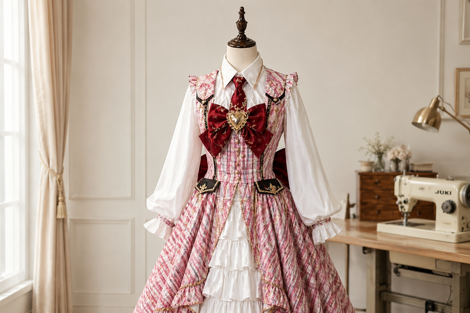 Pink plaid custom cosplay dress displayed on a mannequin inside a bright atelier studio.