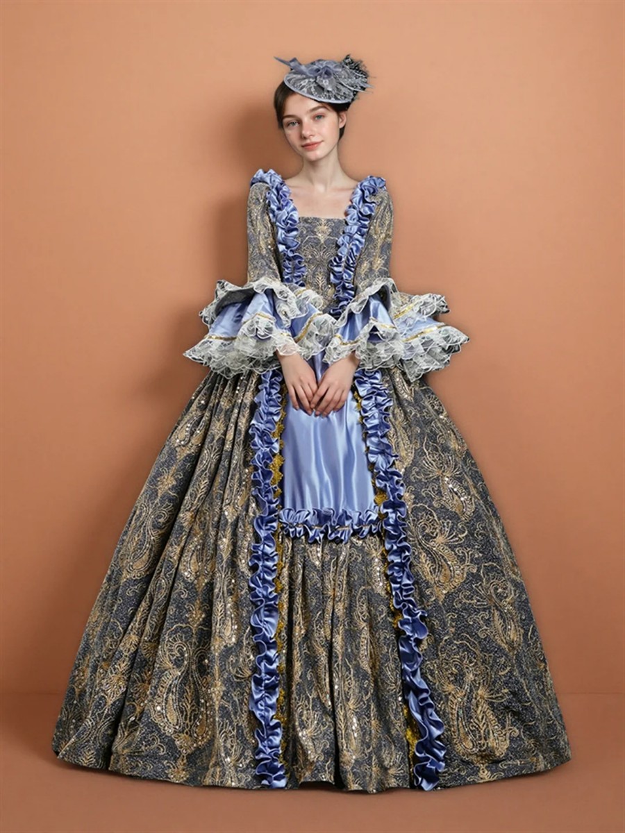 Regal blue anime cosplay costume with crown and ornate fantasy styling.
